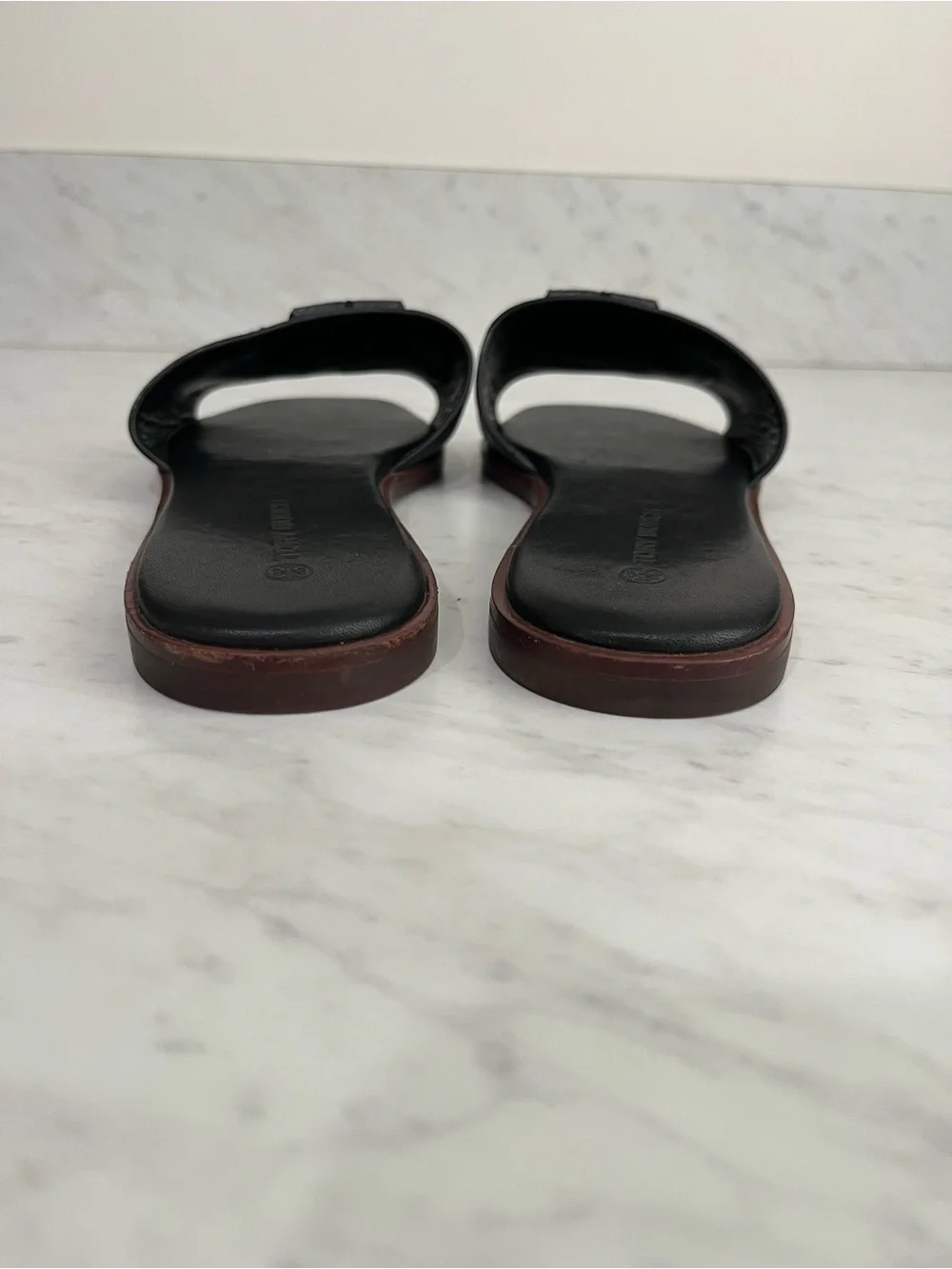 Tory Burch Ines Slide Sandals Black Leather Double T Logo Slides Size 8.5